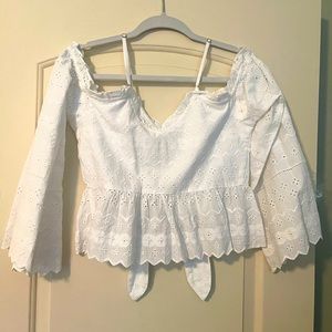 Tularosa white eyelet lace off shoulder top size XS